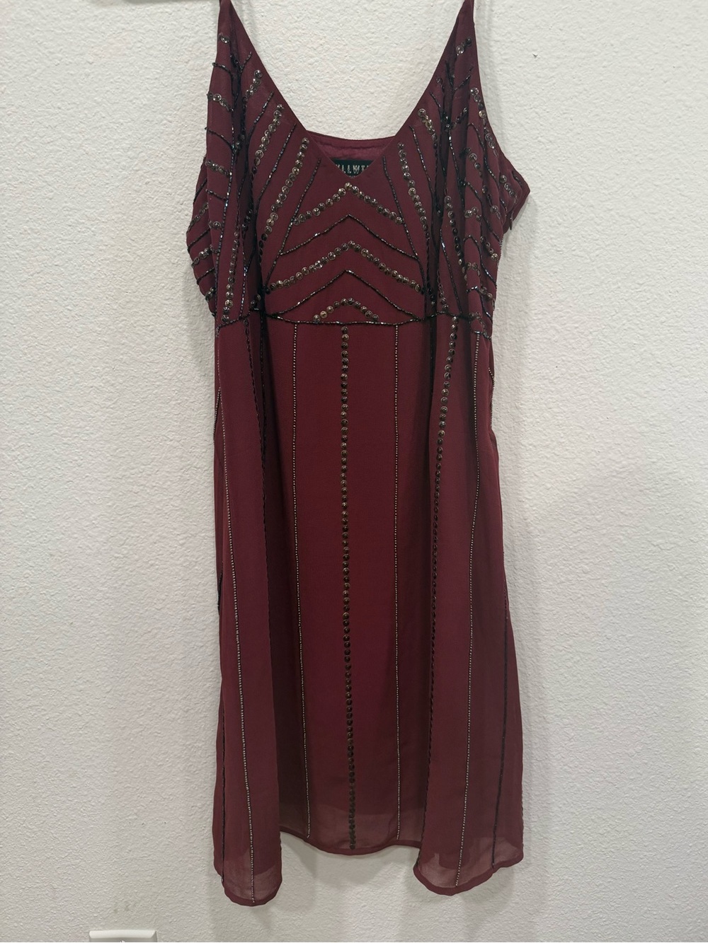 Idyllwind Burgundy/Maroon Beaded Spaghetti Strap Mini Dress